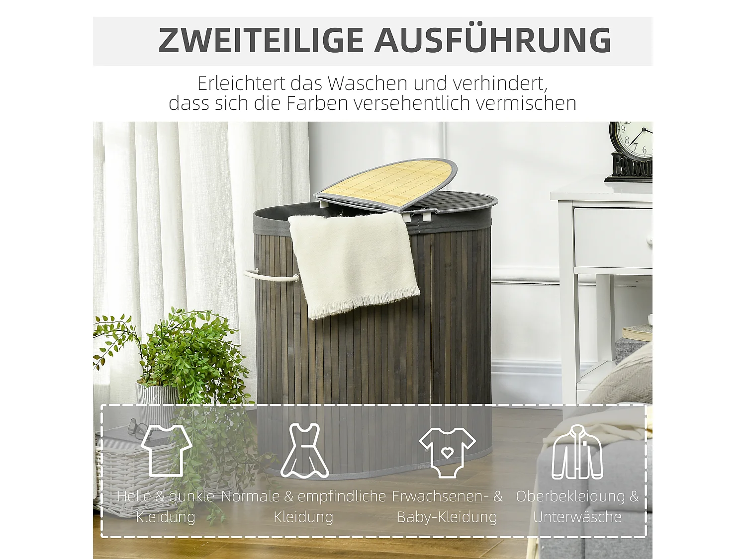 Panier à linge en bambou, avec couvercle, 100L, 2 sacs amovibles, gris (62.5x37x60.5 cm)