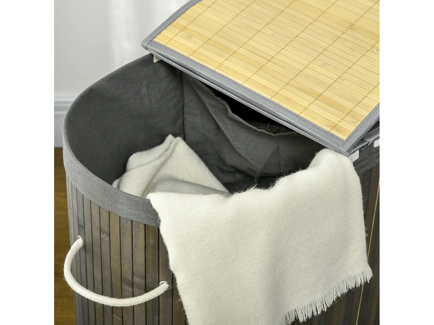 Panier à linge en bambou, avec couvercle, 100L, 2 sacs amovibles, gris (62.5x37x60.5 cm)