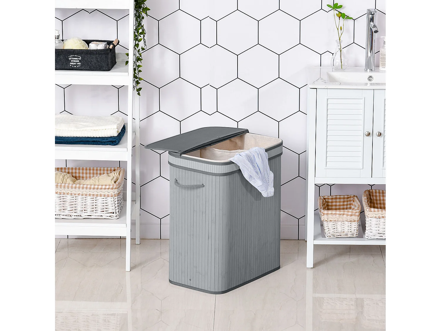 Wasmand 100L met deksel en uitneembare binnenzak, bamboe, grijs (52x32x63 cm)