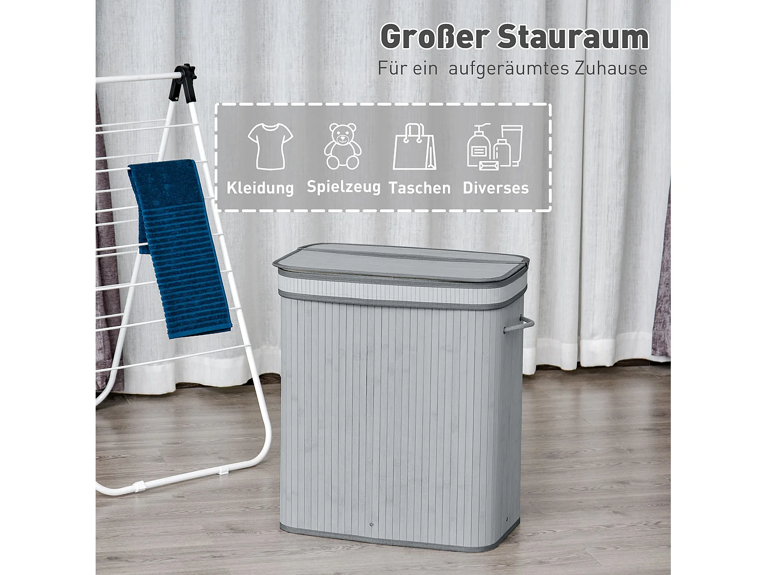 Wasmand 100L met deksel en uitneembare binnenzak, bamboe, grijs (52x32x63 cm)