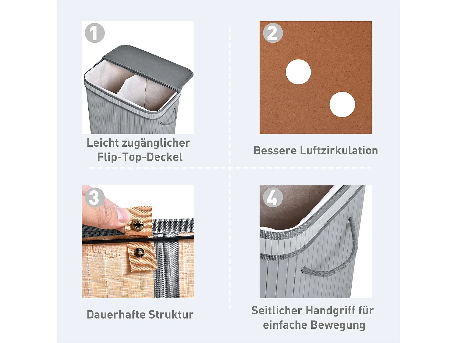 Wasmand 100L met deksel en uitneembare binnenzak, bamboe, grijs (52x32x63 cm)