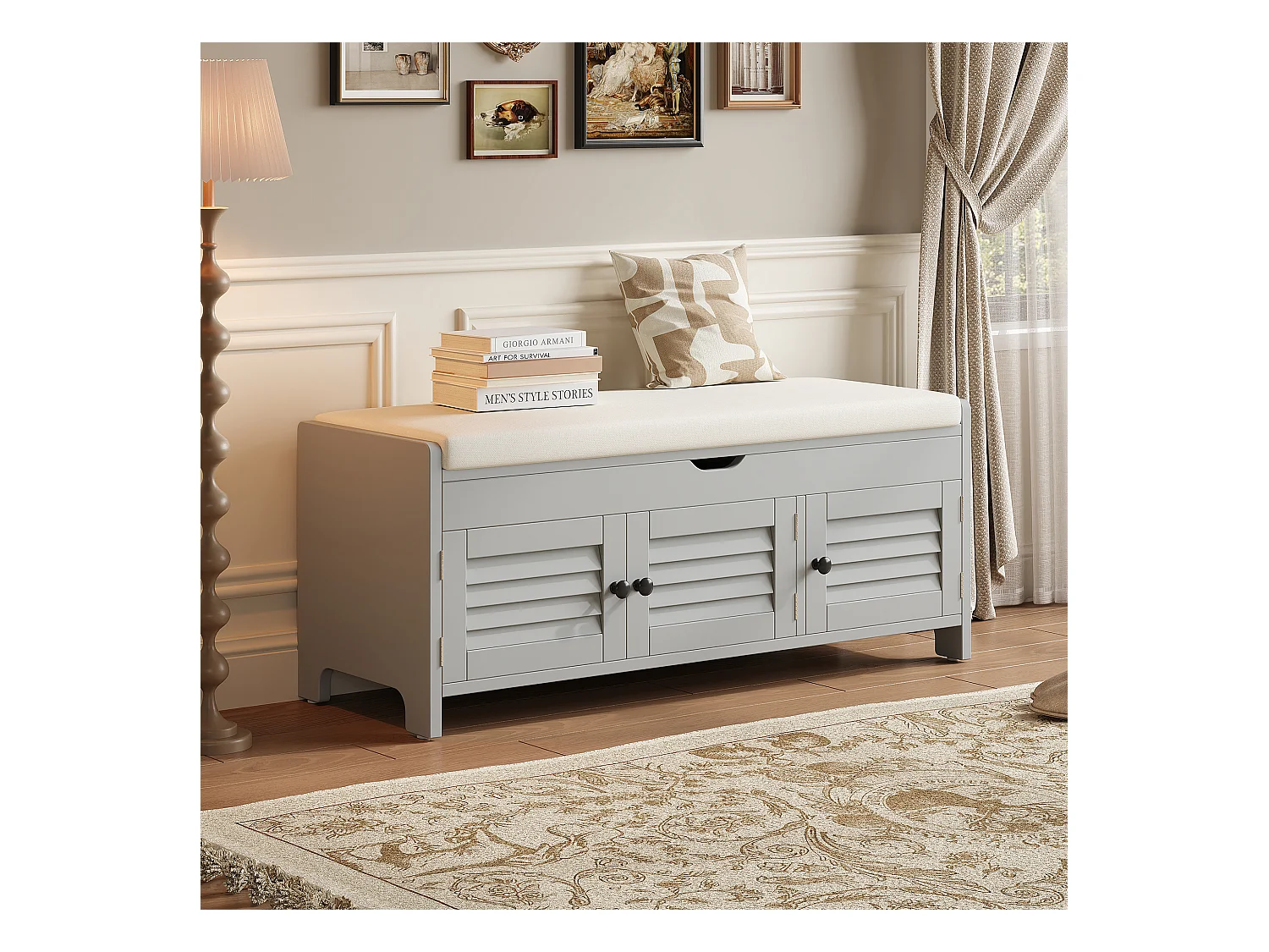 Banc à chaussures moderne avec assise, étagère à chaussures, commode avec 3 portes à lames et rangement caché à ouverture hydraulique, MDF, gris (110x40x50 cm)