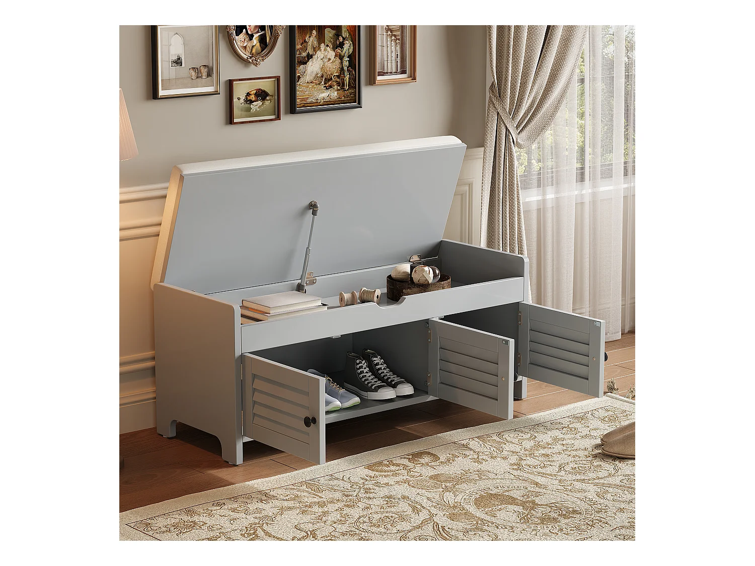 Banc à chaussures moderne avec assise, étagère à chaussures, commode avec 3 portes à lames et rangement caché à ouverture hydraulique, MDF, gris (110x40x50 cm)