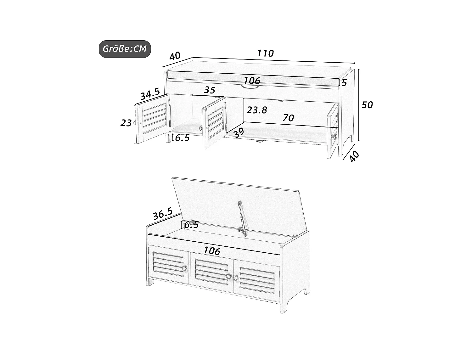 Banc à chaussures moderne avec assise, étagère à chaussures, commode avec 3 portes à lames et rangement caché à ouverture hydraulique, MDF, gris (110x40x50 cm)