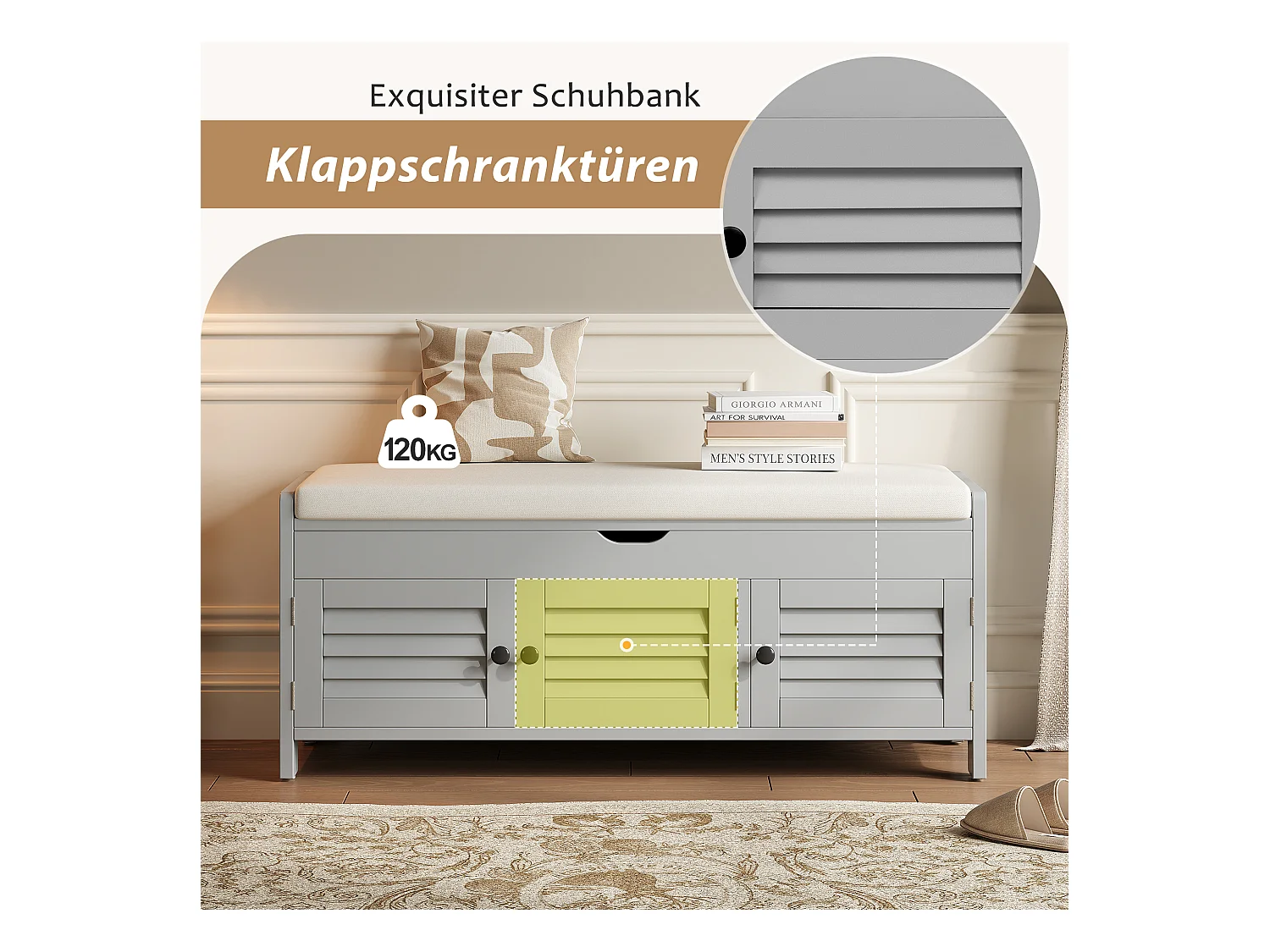 Banc à chaussures moderne avec assise, étagère à chaussures, commode avec 3 portes à lames et rangement caché à ouverture hydraulique, MDF, gris (110x40x50 cm)