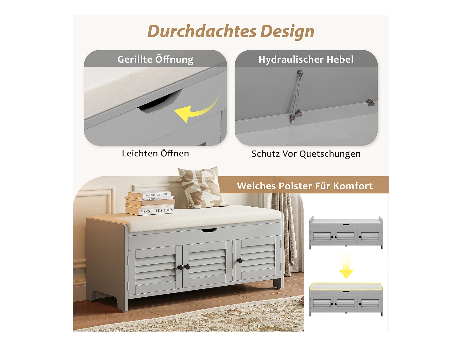 Banc à chaussures moderne avec assise, étagère à chaussures, commode avec 3 portes à lames et rangement caché à ouverture hydraulique, MDF, gris (110x40x50 cm)