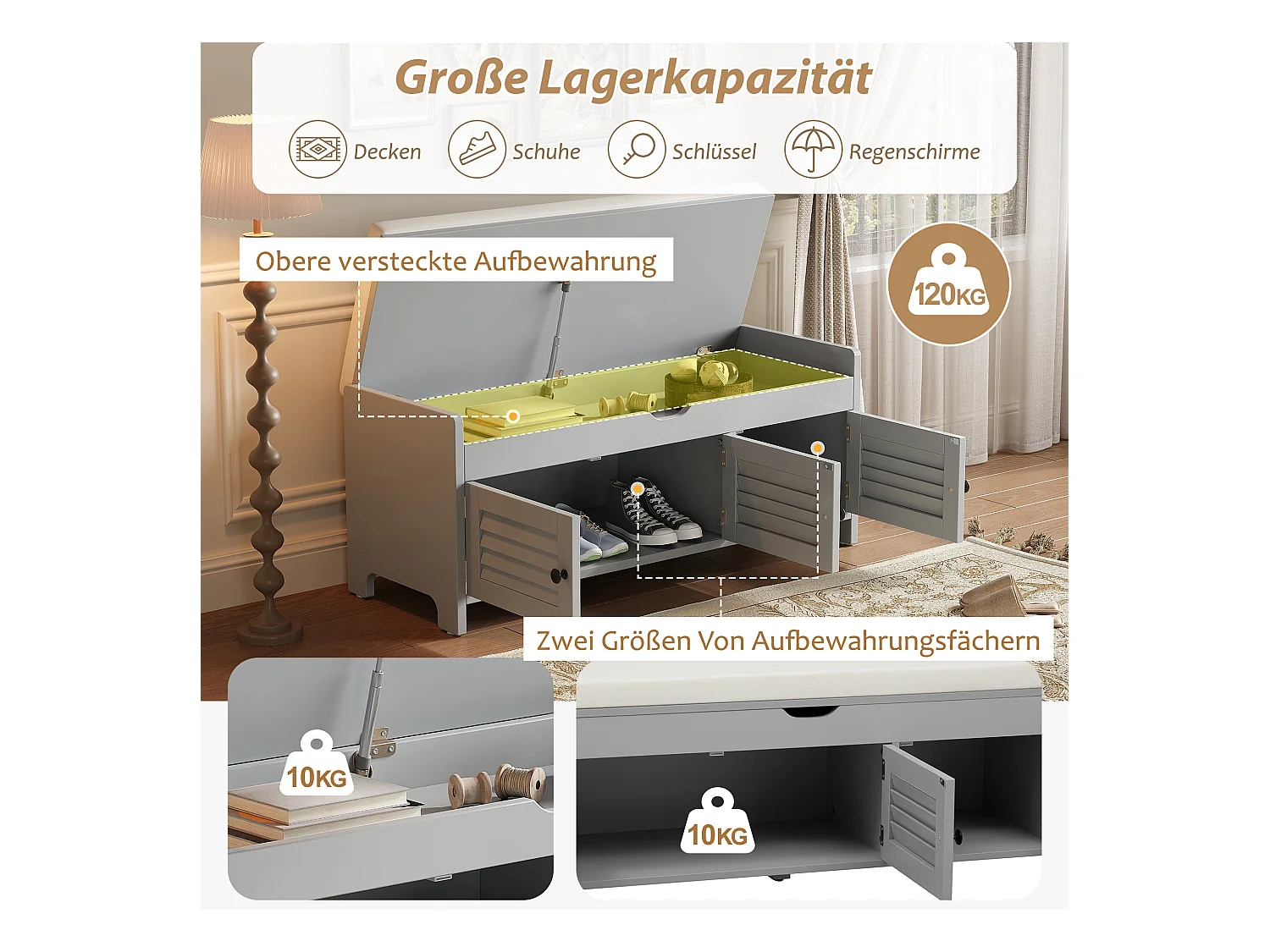 Banc à chaussures moderne avec assise, étagère à chaussures, commode avec 3 portes à lames et rangement caché à ouverture hydraulique, MDF, gris (110x40x50 cm)