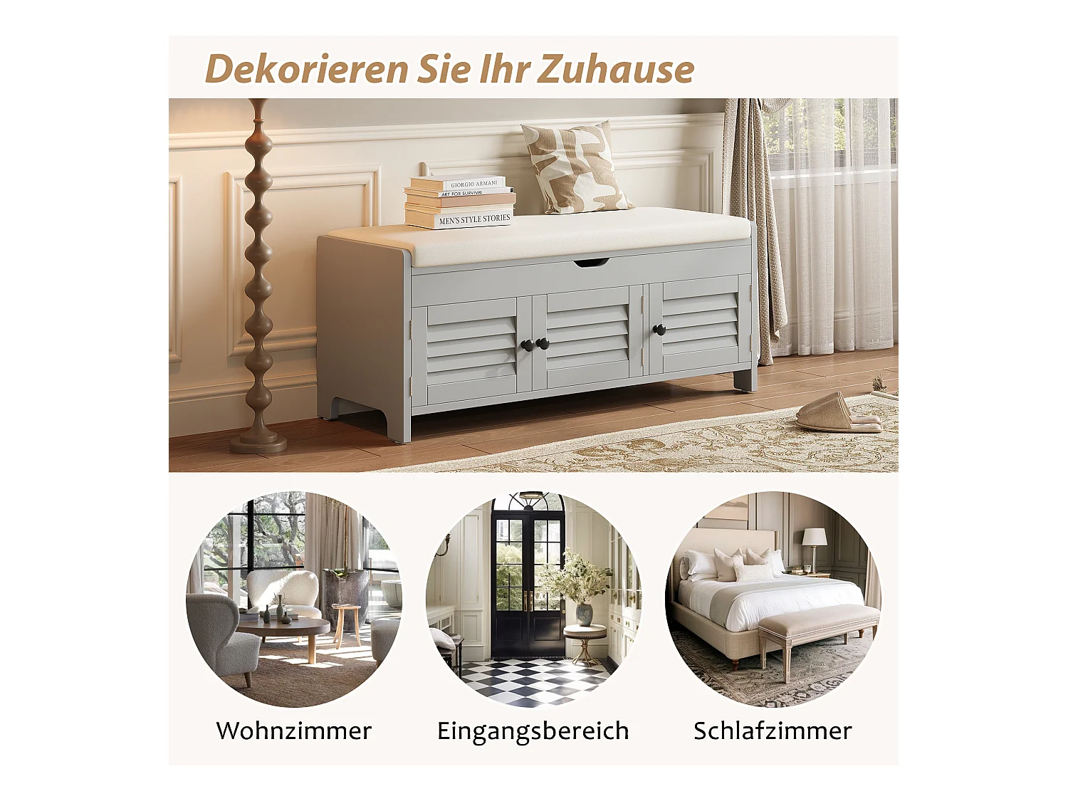 Banc à chaussures moderne avec assise, étagère à chaussures, commode avec 3 portes à lames et rangement caché à ouverture hydraulique, MDF, gris (110x40x50 cm)