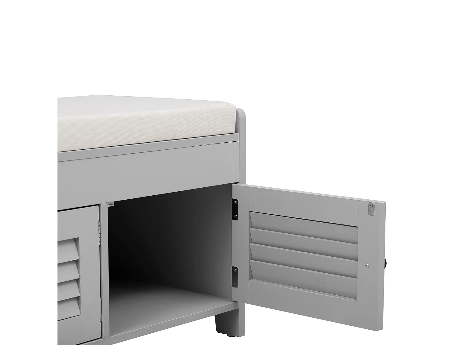 Banc à chaussures moderne avec assise, étagère à chaussures, commode avec 3 portes à lames et rangement caché à ouverture hydraulique, MDF, gris (110x40x50 cm)