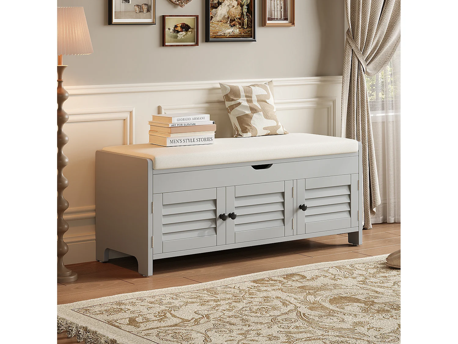 Banco zapatero moderno con asiento, zapatero, cómoda con 3 puertas de lamas y almacenaje oculto con apertura hidráulica, MDF, gris (110x40x50 cm)
