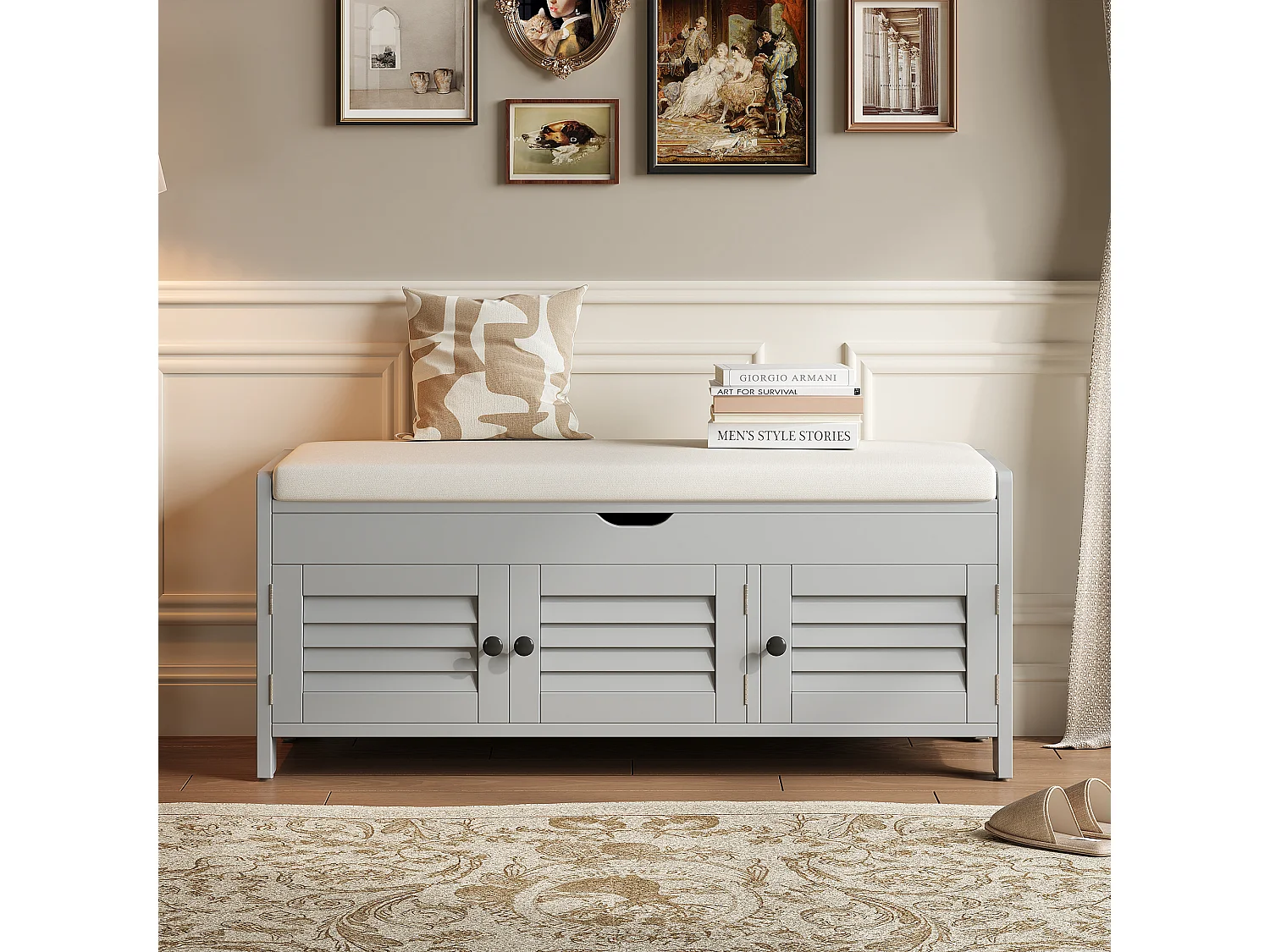Banco zapatero moderno con asiento, zapatero, cómoda con 3 puertas de lamas y almacenaje oculto con apertura hidráulica, MDF, gris (110x40x50 cm)
