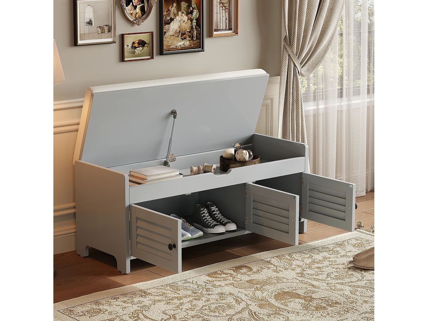 Banco zapatero moderno con asiento, zapatero, cómoda con 3 puertas de lamas y almacenaje oculto con apertura hidráulica, MDF, gris (110x40x50 cm)