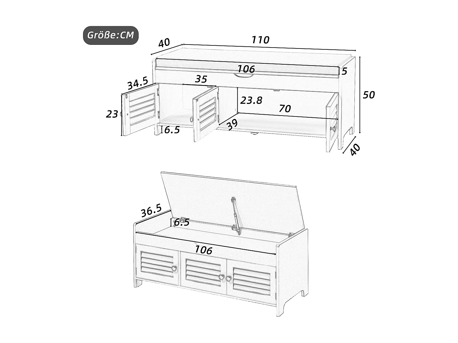 Banco zapatero moderno con asiento, zapatero, cómoda con 3 puertas de lamas y almacenaje oculto con apertura hidráulica, MDF, gris (110x40x50 cm)