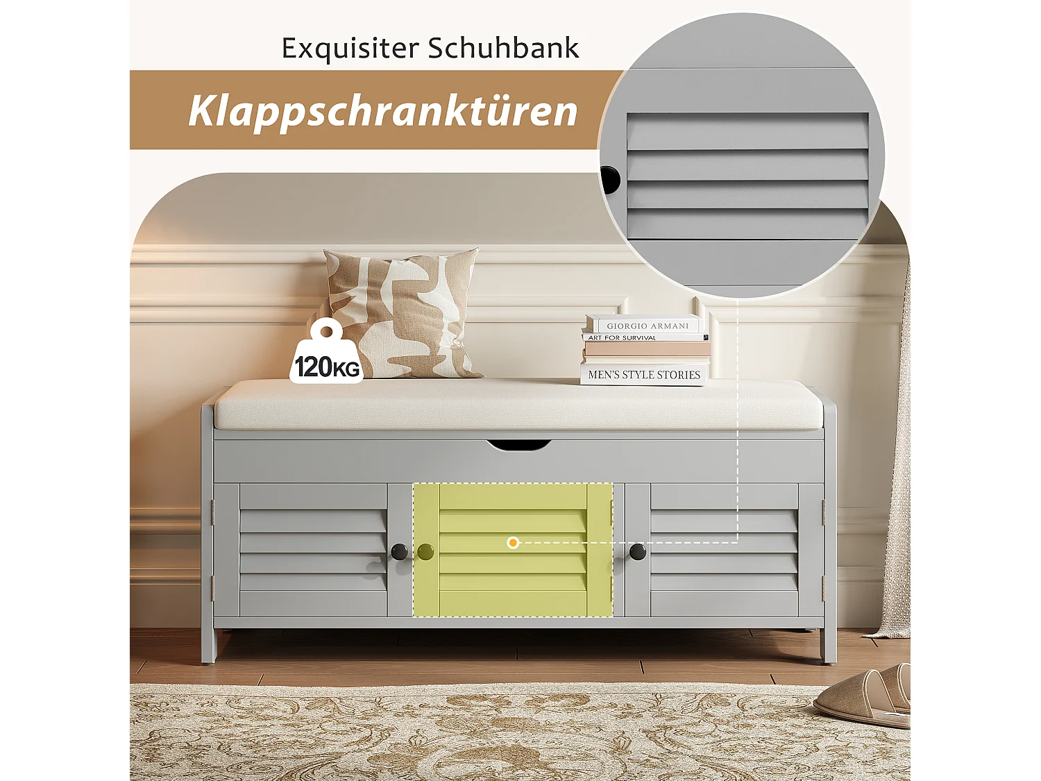 Banco zapatero moderno con asiento, zapatero, cómoda con 3 puertas de lamas y almacenaje oculto con apertura hidráulica, MDF, gris (110x40x50 cm)