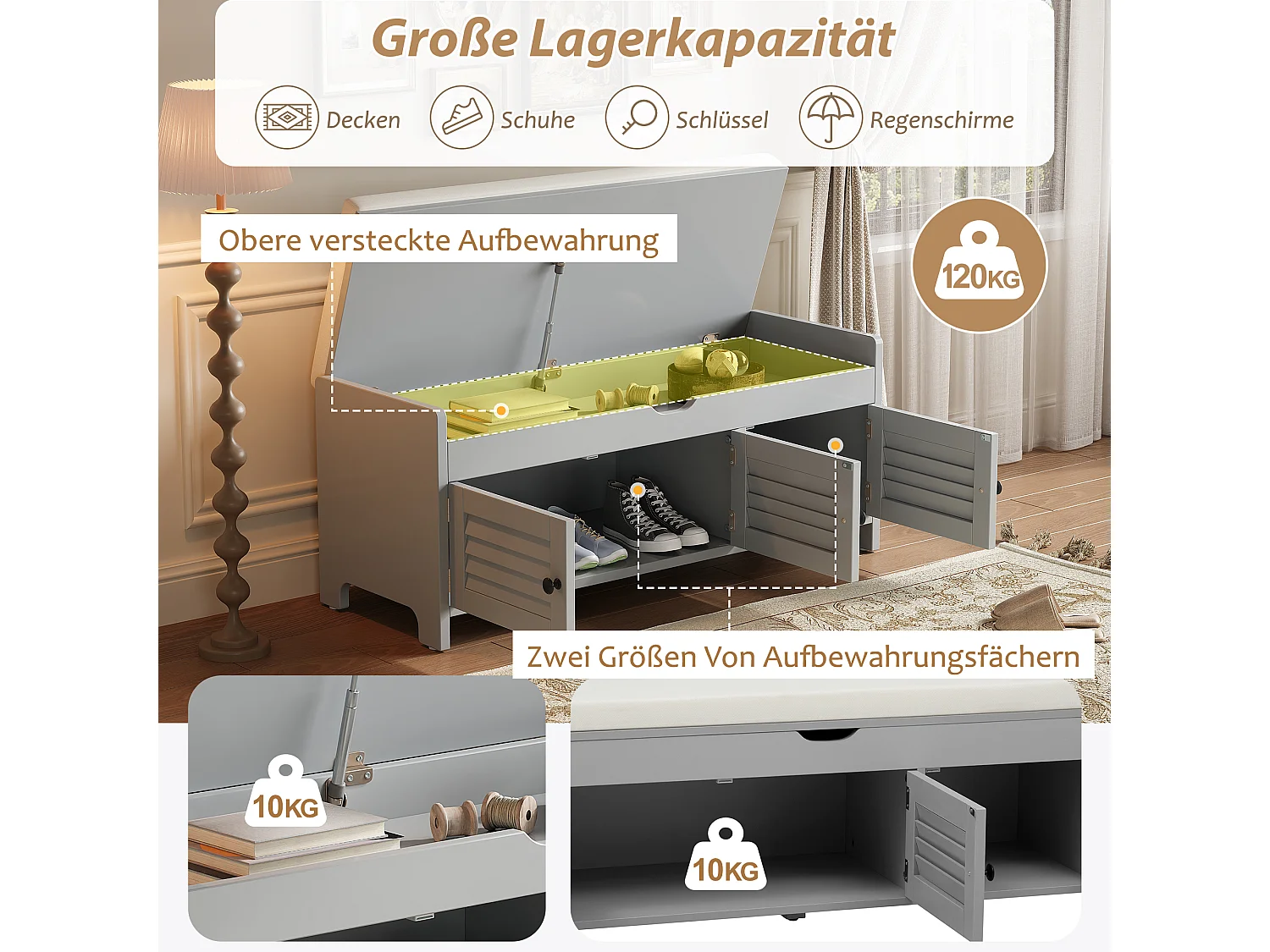 Banco zapatero moderno con asiento, zapatero, cómoda con 3 puertas de lamas y almacenaje oculto con apertura hidráulica, MDF, gris (110x40x50 cm)
