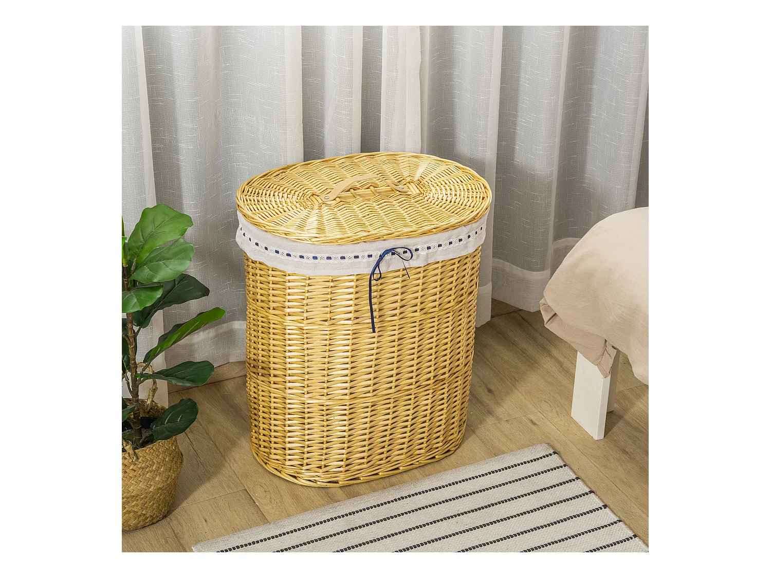 Wäschekorb mit Deckel, natürliches Korbgeflecht, 100 l Fassungsvermögen, Aufbewahrung für Schlafzimmer und Badezimmer (51 x 38 x 57 cm)