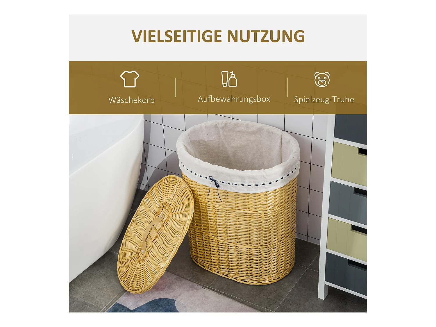 Wäschekorb mit Deckel, natürliches Korbgeflecht, 100 l Fassungsvermögen, Aufbewahrung für Schlafzimmer und Badezimmer (51 x 38 x 57 cm)