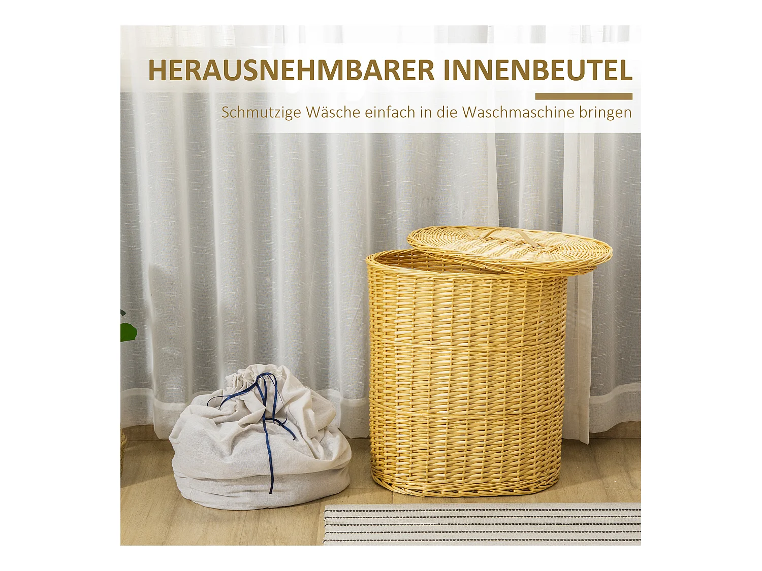 Wäschekorb mit Deckel, natürliches Korbgeflecht, 100 l Fassungsvermögen, Aufbewahrung für Schlafzimmer und Badezimmer (51 x 38 x 57 cm)