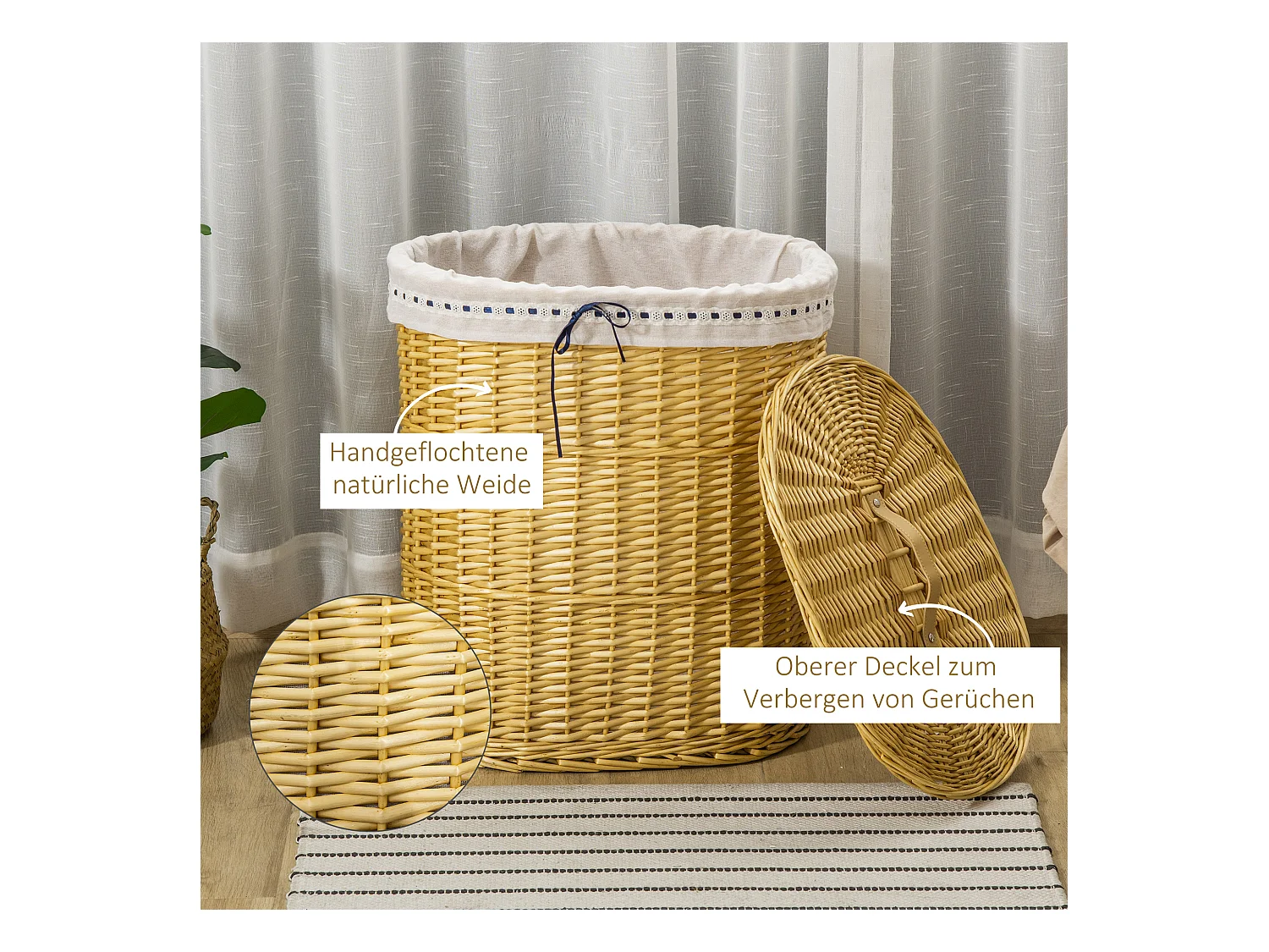 Wäschekorb mit Deckel, natürliches Korbgeflecht, 100 l Fassungsvermögen, Aufbewahrung für Schlafzimmer und Badezimmer (51 x 38 x 57 cm)