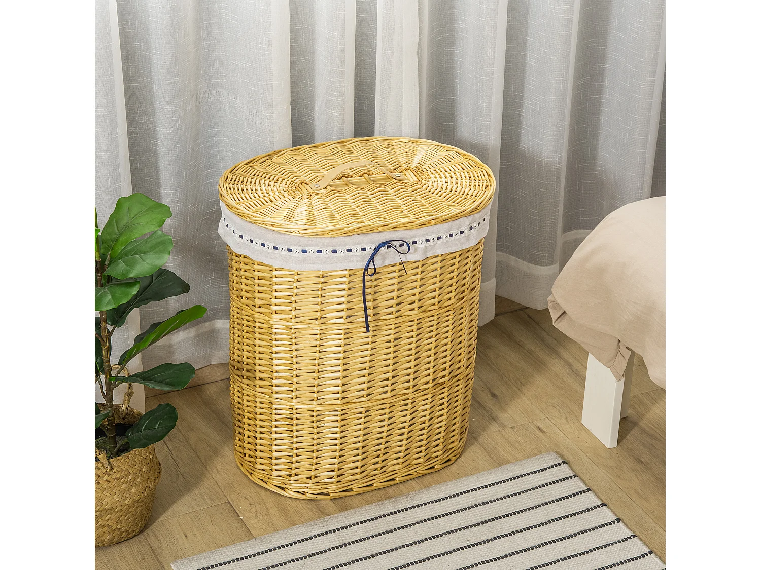 Panier à linge avec couvercle, osier naturel, capacité 100L, rangement pour chambre et salle de bain (51x38x57cm)