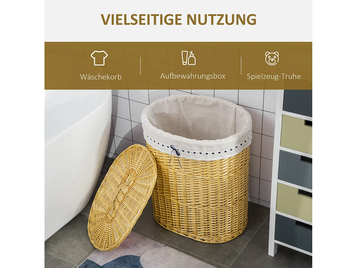 Panier à linge avec couvercle, osier naturel, capacité 100L, rangement pour chambre et salle de bain (51x38x57cm)