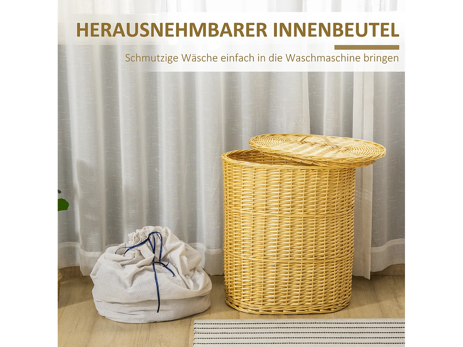 Panier à linge avec couvercle, osier naturel, capacité 100L, rangement pour chambre et salle de bain (51x38x57cm)