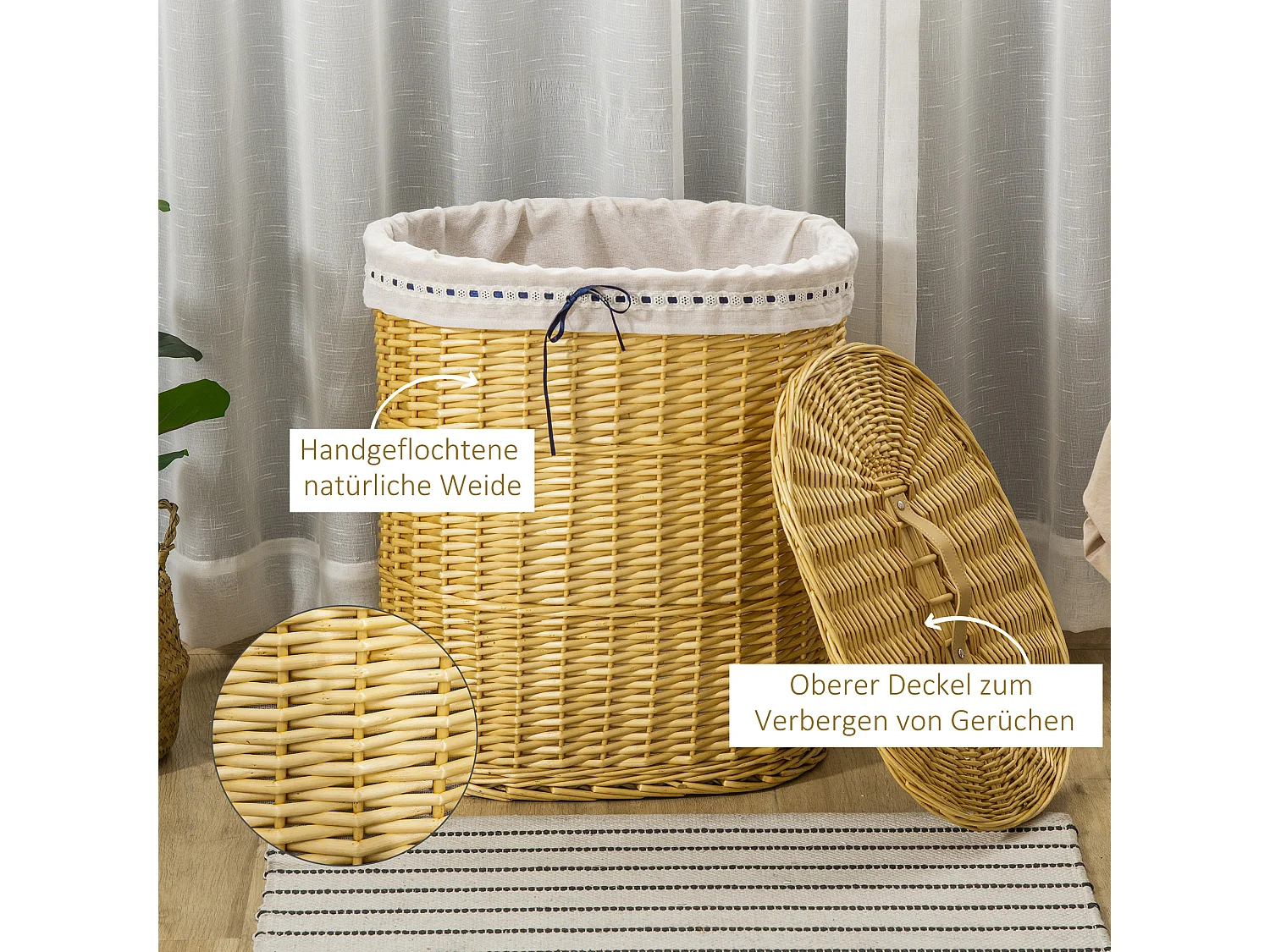 Panier à linge avec couvercle, osier naturel, capacité 100L, rangement pour chambre et salle de bain (51x38x57cm)