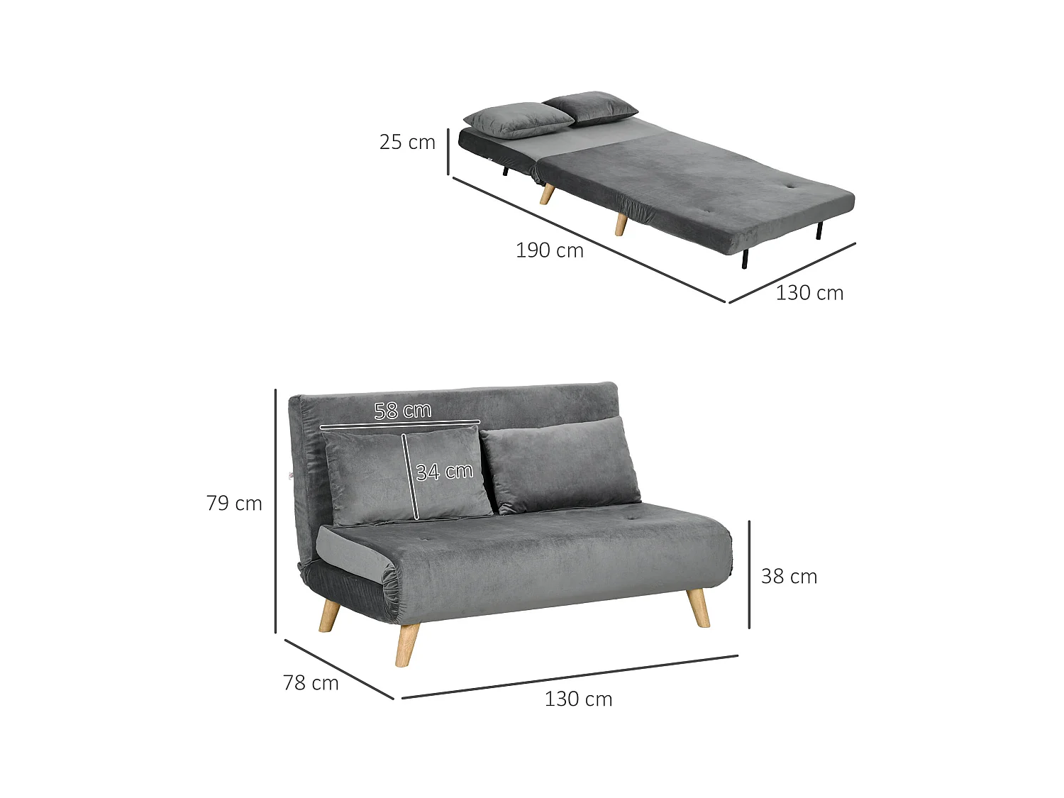 Canapé-lit 2 places, dossier inclinable, velours gris, structure acier, pieds caoutchouc (130x78x79cm)