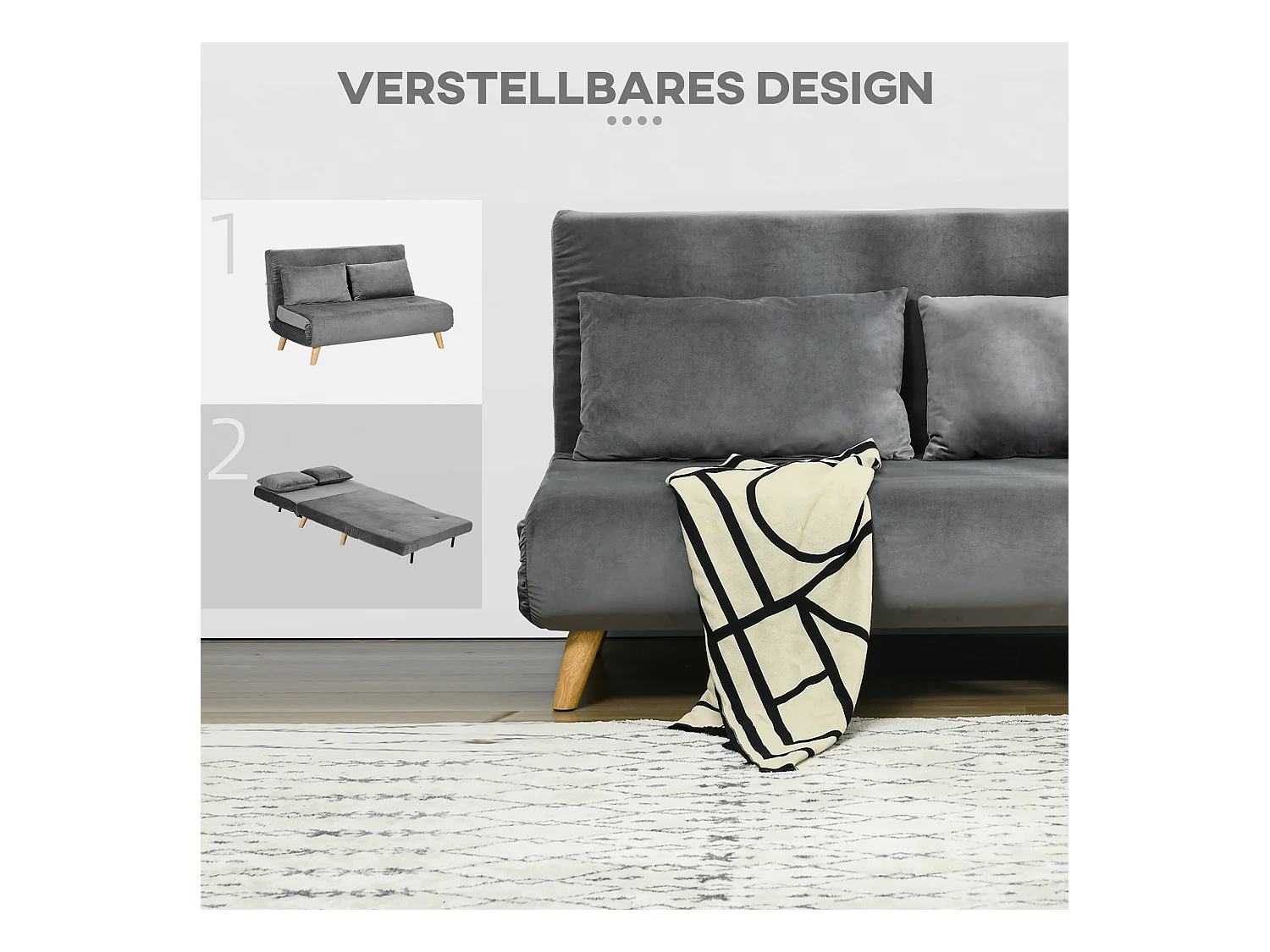 Canapé-lit 2 places, dossier inclinable, velours gris, structure acier, pieds caoutchouc (130x78x79cm)