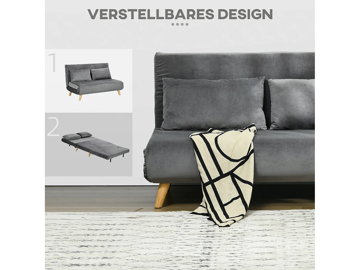 Canapé-lit 2 places, dossier inclinable, velours gris, structure acier, pieds caoutchouc (130x78x79cm)