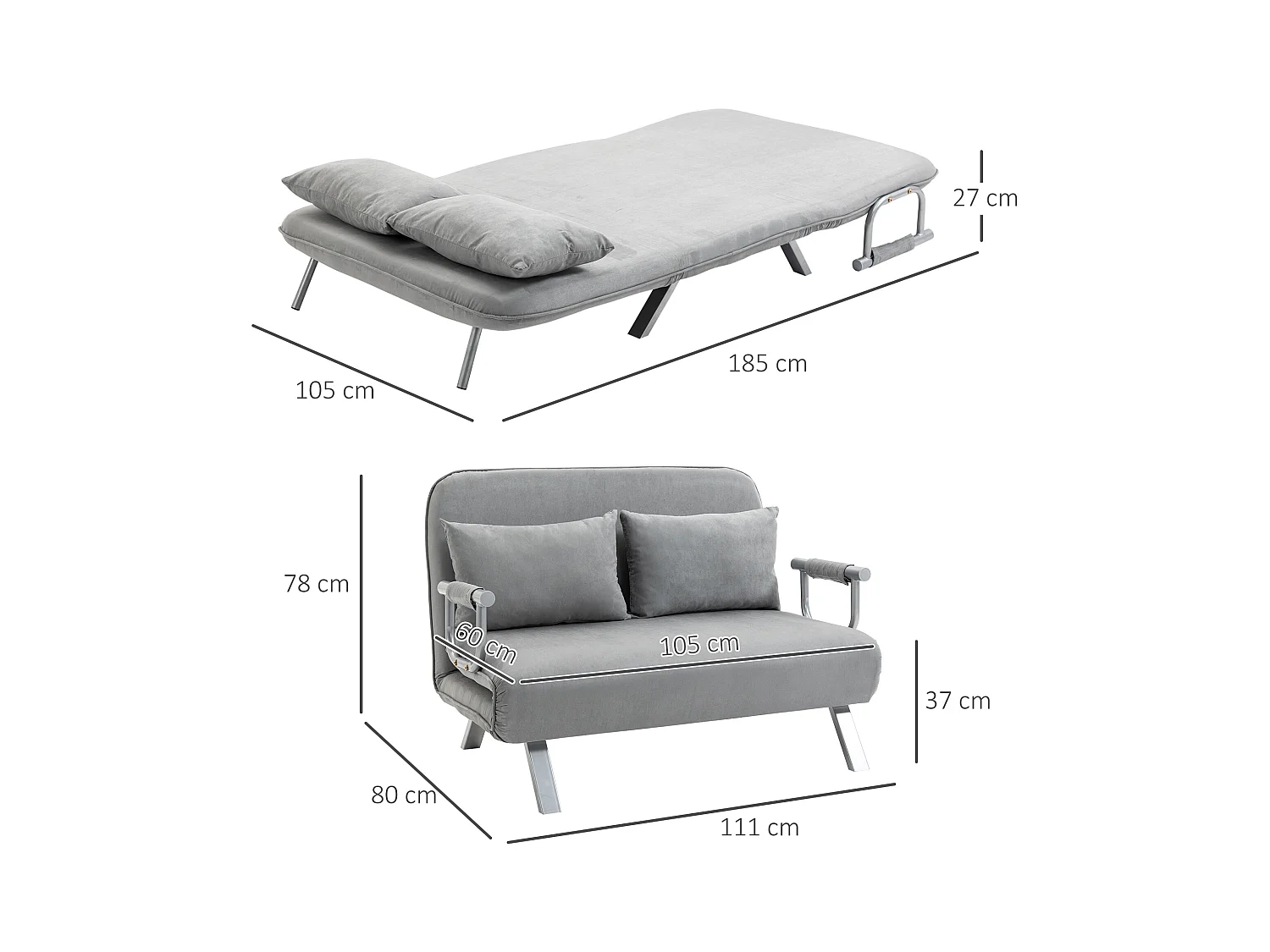 Canapé-lit 2 places avec fonction lit, dossier réglable, polyester, gris clair (111x80x78cm)