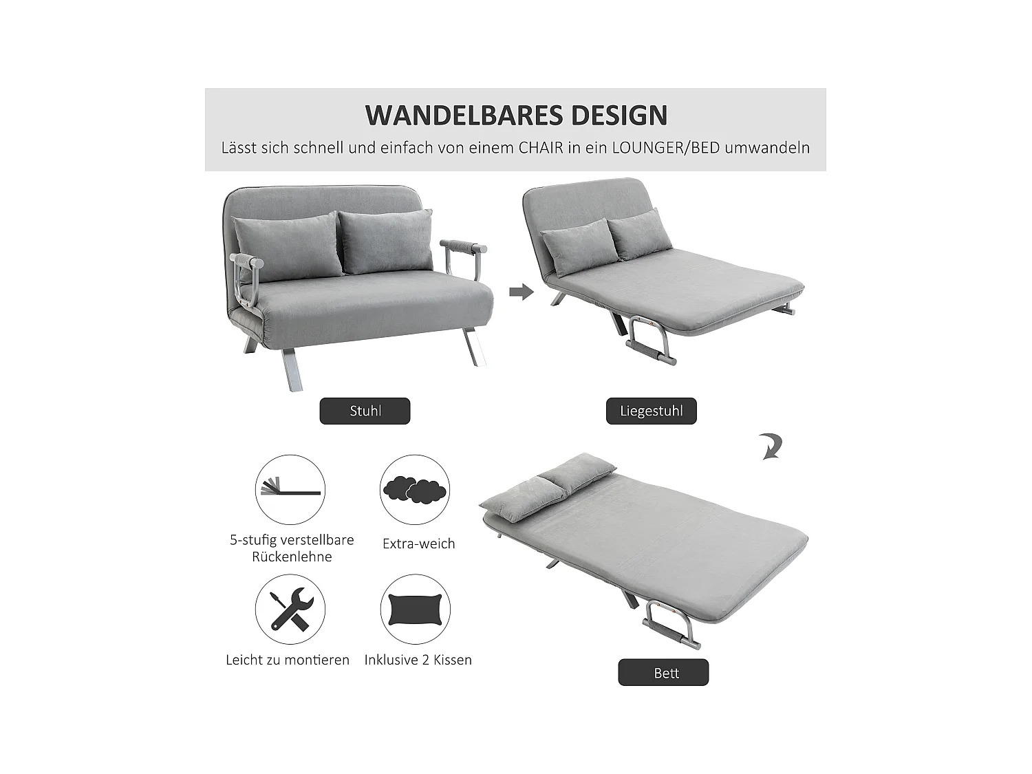 Canapé-lit 2 places avec fonction lit, dossier réglable, polyester, gris clair (111x80x78cm)