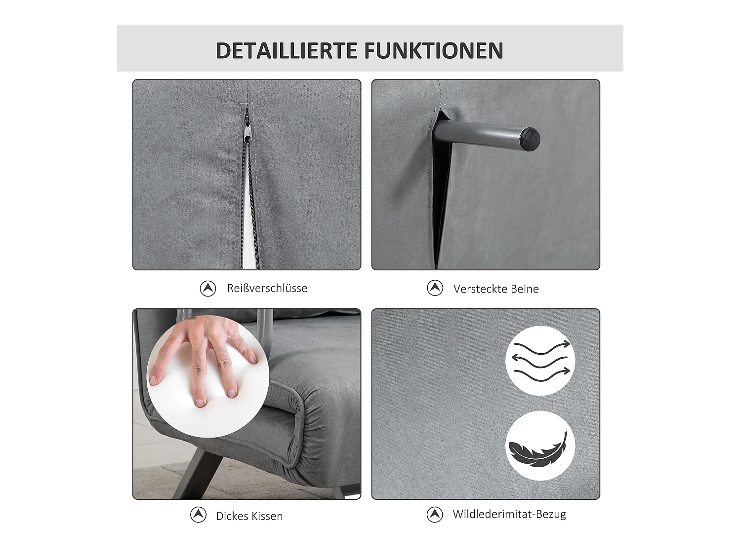 Canapé-lit 2 places avec fonction lit, dossier réglable, polyester, gris clair (111x80x78cm)