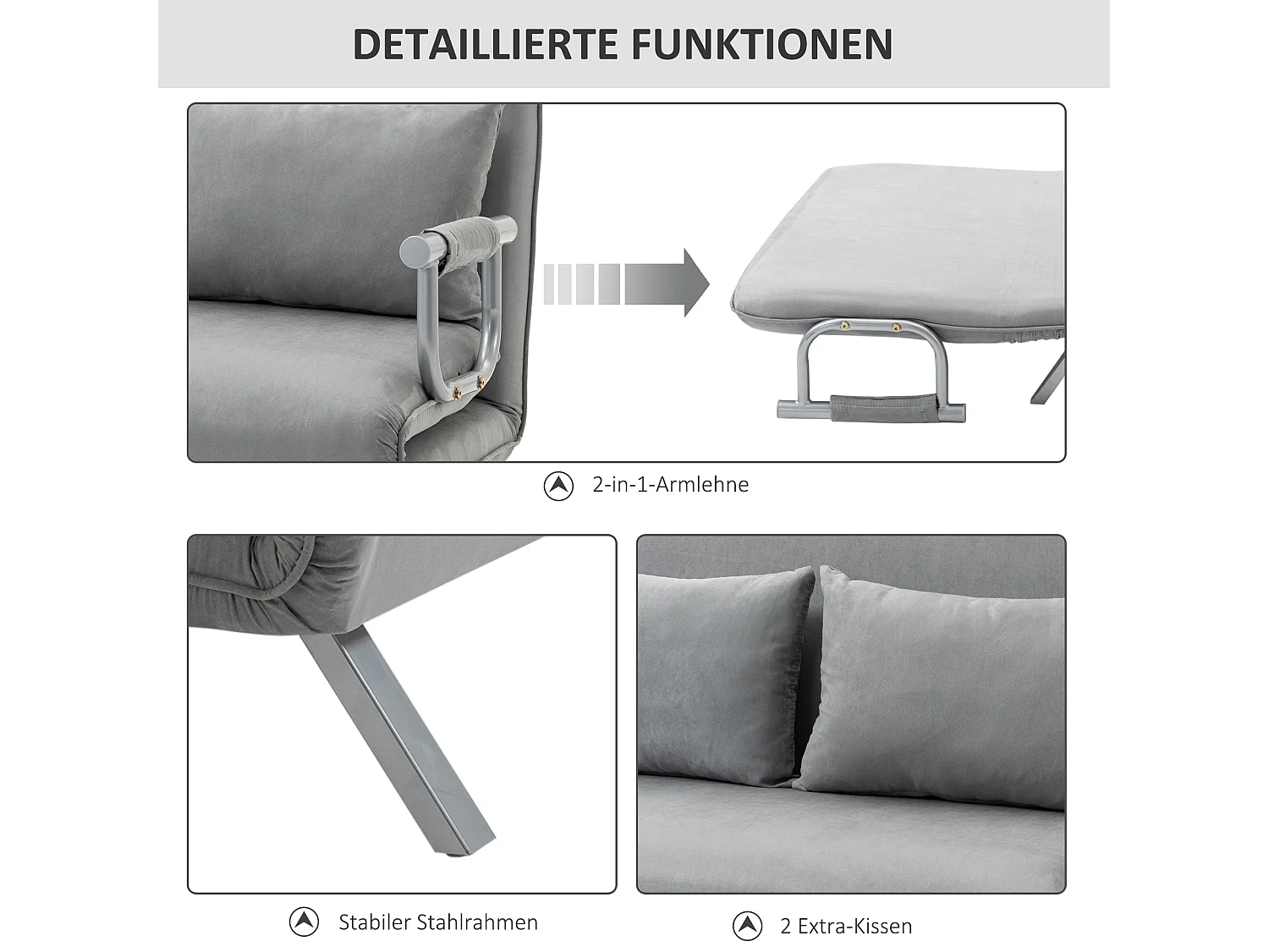 Canapé-lit 2 places avec fonction lit, dossier réglable, polyester, gris clair (111x80x78cm)