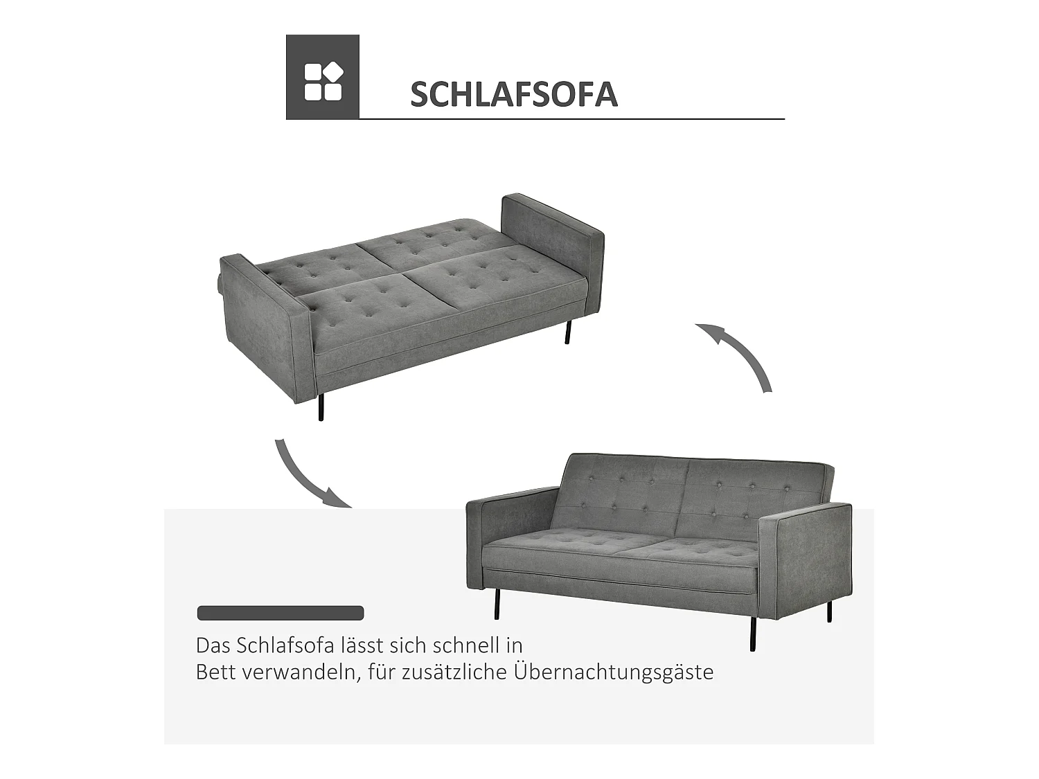 Canapé convertible 3 places avec fonction lit et angle ajustable, design vintage, eucalyptus et coton, gris (187x91x85 cm)