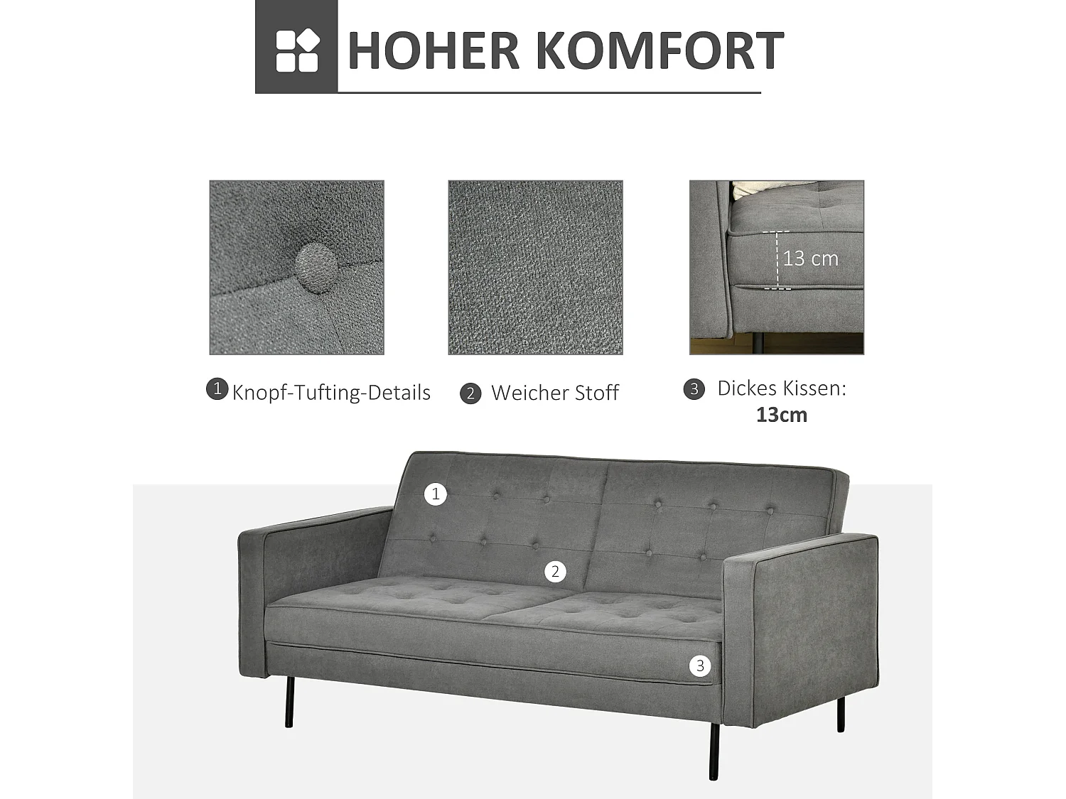 Canapé convertible 3 places avec fonction lit et angle ajustable, design vintage, eucalyptus et coton, gris (187x91x85 cm)