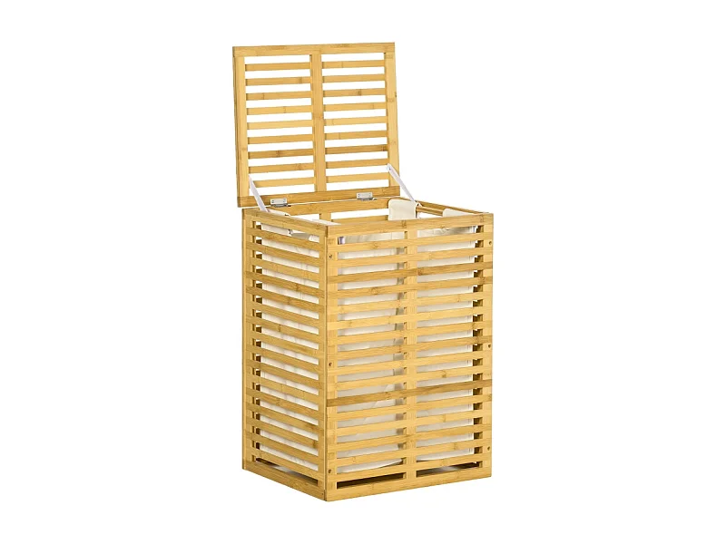 Panier à linge avec 63 L, panier en bambou avec couvercle, sac amovible, tissu, naturel (44x37x62.5 cm)