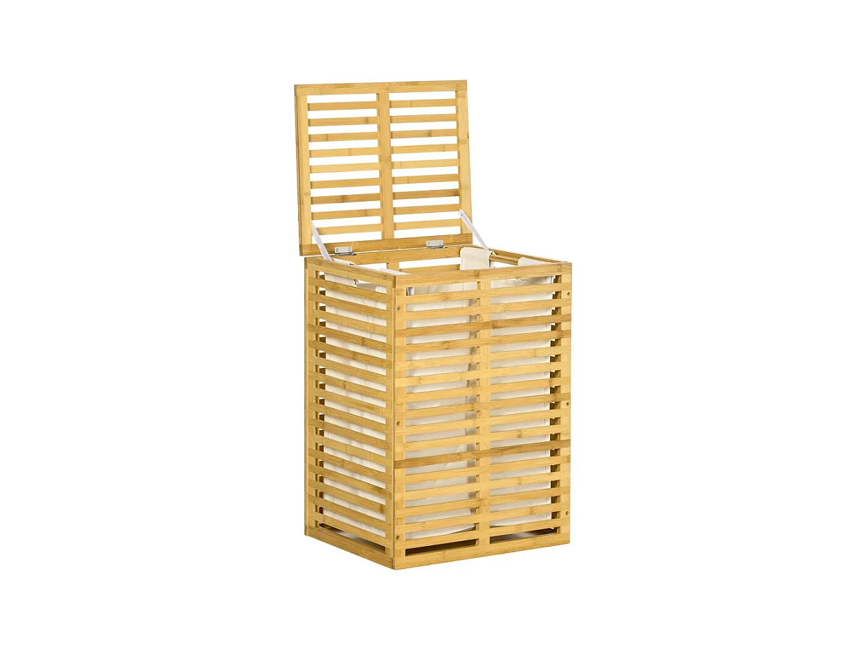 Panier à linge avec 63 L, panier en bambou avec couvercle, sac amovible, tissu, naturel (44x37x62.5 cm)