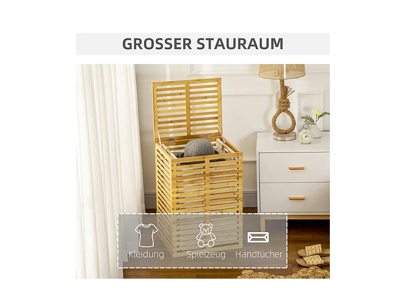 Panier à linge avec 63 L, panier en bambou avec couvercle, sac amovible, tissu, naturel (44x37x62.5 cm)