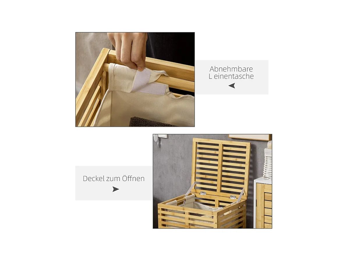 Panier à linge avec 63 L, panier en bambou avec couvercle, sac amovible, tissu, naturel (44x37x62.5 cm)