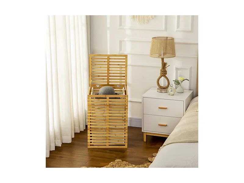 Panier à linge avec 63 L, panier en bambou avec couvercle, sac amovible, tissu, naturel (44x37x62.5 cm)