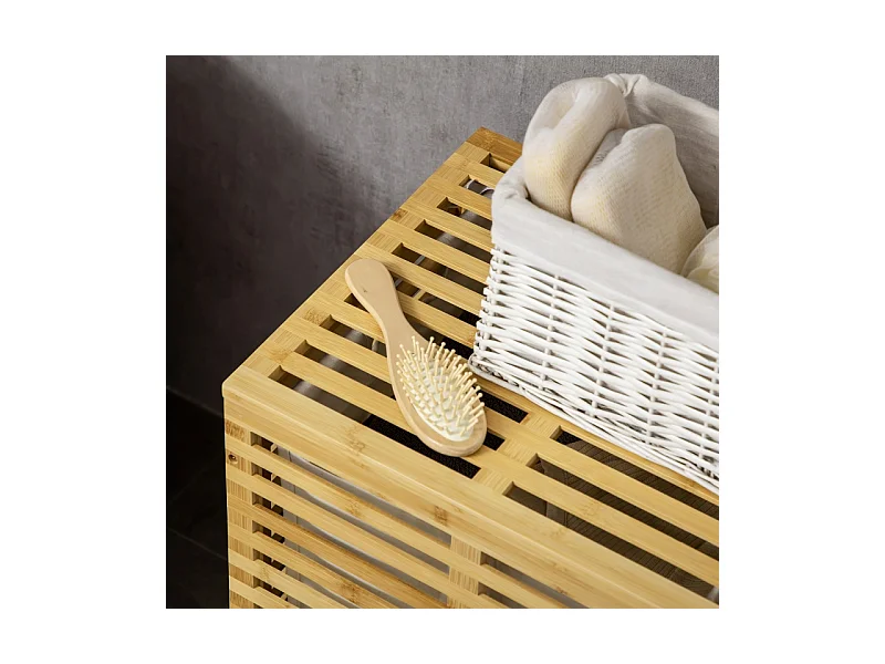 Panier à linge avec 63 L, panier en bambou avec couvercle, sac amovible, tissu, naturel (44x37x62.5 cm)