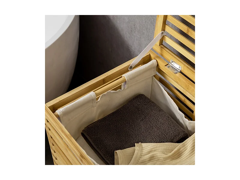 Panier à linge avec 63 L, panier en bambou avec couvercle, sac amovible, tissu, naturel (44x37x62.5 cm)