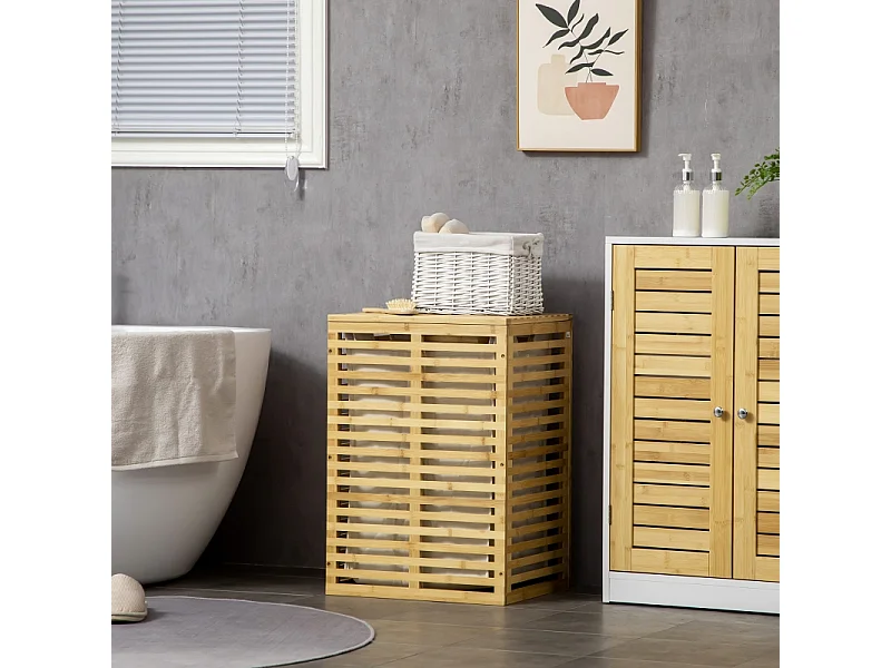 Panier à linge avec 63 L, panier en bambou avec couvercle, sac amovible, tissu, naturel (44x37x62.5 cm)