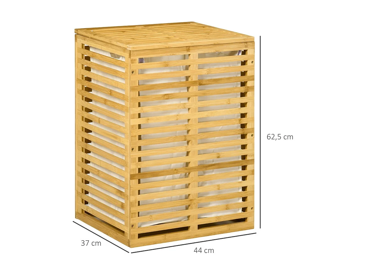 Panier à linge avec 63 L, panier en bambou avec couvercle, sac amovible, tissu, naturel (44x37x62.5 cm)