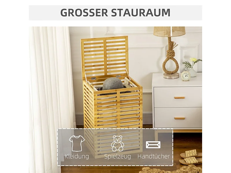 Panier à linge avec 63 L, panier en bambou avec couvercle, sac amovible, tissu, naturel (44x37x62.5 cm)