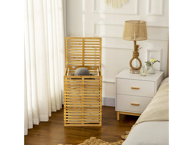 Panier à linge avec 63 L, panier en bambou avec couvercle, sac amovible, tissu, naturel (44x37x62.5 cm)