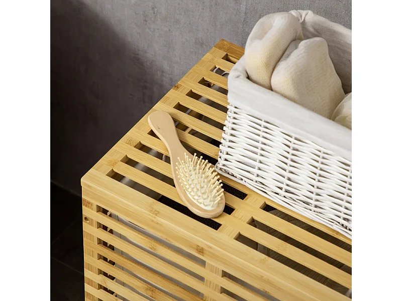 Panier à linge avec 63 L, panier en bambou avec couvercle, sac amovible, tissu, naturel (44x37x62.5 cm)