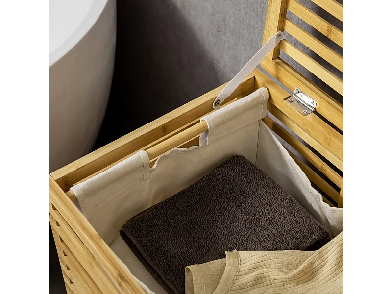 Panier à linge avec 63 L, panier en bambou avec couvercle, sac amovible, tissu, naturel (44x37x62.5 cm)