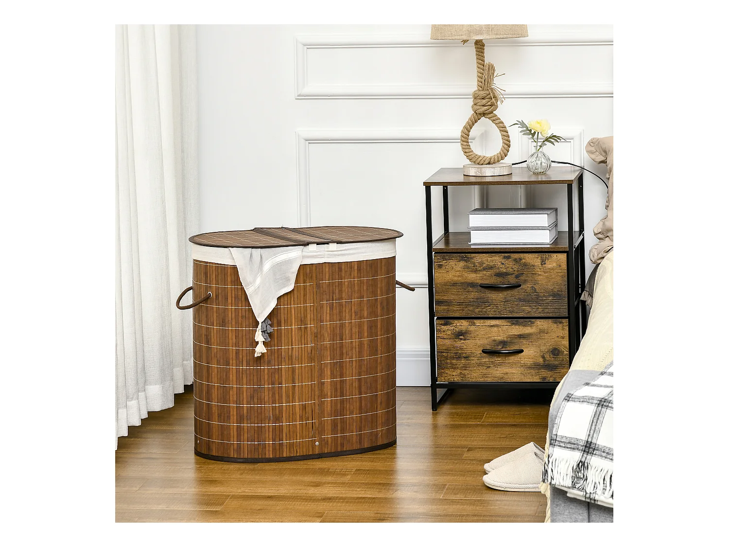 Panier à linge 100L avec couvercle et poignées, tri de linge avec 2 sacs, bambou, brun (62.5x37x60.5 cm)